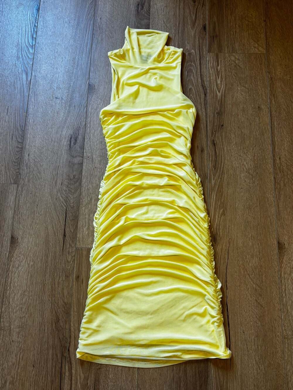 AFRM Sleeveless Mock Neck Ruched Midi Dress in Neon Yellow Size Small - Picture 5 of 6